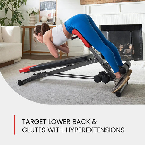 Woman using All In One Adjustable Weight Bench For Full Body Home Gym Workouts With Bench Press Back Extension Roman Chair Sit Ups.