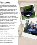 Bug Free Sky Bed Camping Hammock Tent With Flat Lay Sleep, features list, and person using hammock in wooded area.