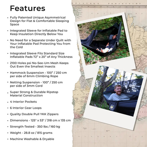 Bug Free Sky Bed Camping Hammock Tent With Flat Lay Sleep, features list, and person using hammock in wooded area.