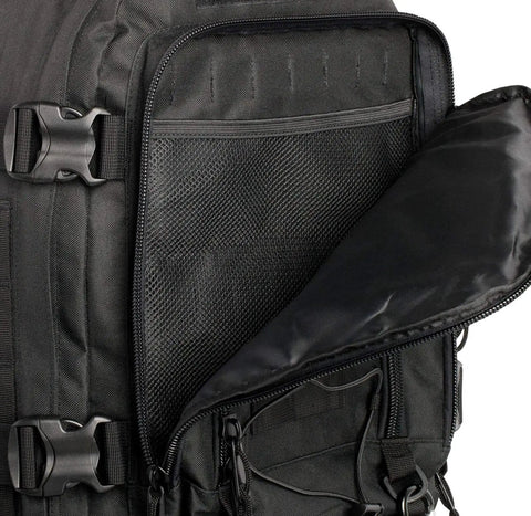 Heavy Duty Tactical Backpack For Men Waterproof Military Style Daypack With MOLLE System For Hiking Camping Travel Bug Out Bag 3 Day Pack Black Durable Gear Carrier showing open compartment and mesh pocket