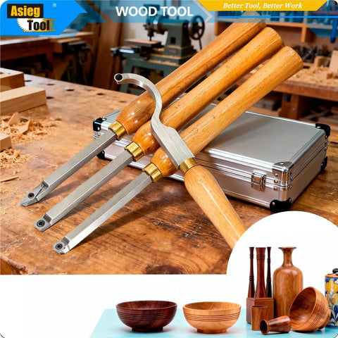 Pro Grade 4 Piece Mini Carbide Tipped Wood Lathe Turning Tools Set With Wood Handles Rougher Detailer Finisher Hollower Diamond Round And Square Inserts displayed on a workshop table next to a storage case, with wood turning samples.