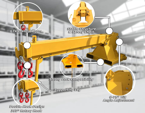 Professional Forklift Jib Boom Crane With 0 To 75 Degree Tilt And 2 Ton 4400 Lb Capacity showing telescopic boom and double hook design.