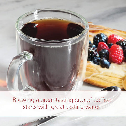 Glass cup of coffee with pastry and berries, highlighting need for clean water. Six Pack Replacement Water Filter For Coffee Systems Cuts Chlorine Taste For Cleaner Better Tasting Coffee Fits WGCM100S WGCM110S WGCM120S Lasts Up To 30 Brew Cycles
