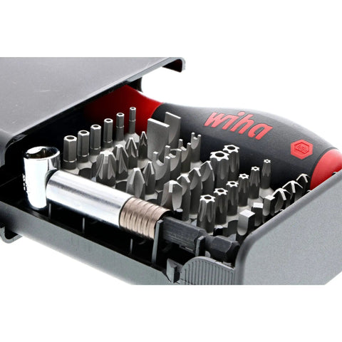 Bits Collector With Security Bits 39 Piece Set Built To Last With ClicFix Quick Release Bit Holder Premium CRM72 Tool Steel In A Tough Molded Storage Case Cap Labels For Easy Identification And Exact Fit To Reduce Cam Out showing open case with bits and holder