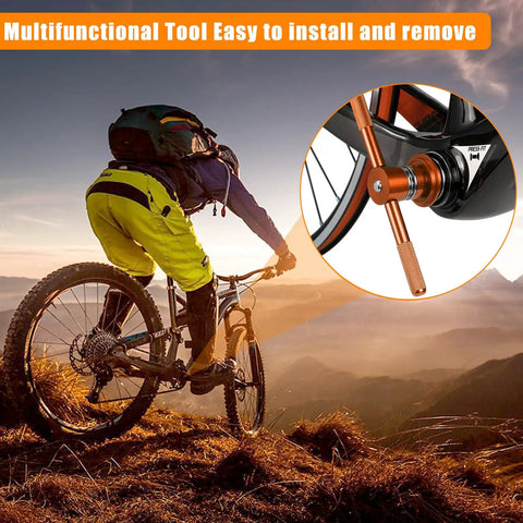 Pro Grade Bike Bottom Bracket Install And Removal Tool Kit with a cyclist on a mountain trail and tool details in the inset