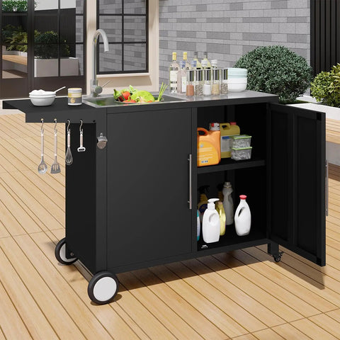 Outdoor Kitchen Sink With Hose Hookup And Stainless Steel Prep Table on wheels, shown on a wooden patio with open storage