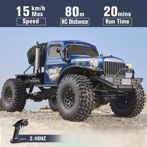 1/10 Atlas RC Crawler 4WD with LED Lighting, realistic detail, 2.4GHz rock truck for off-road adventures in blue
