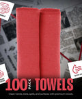Two red Cotton Shop Towels 12x14 Inch 100 Pack Ultra Absorbent Reusable Rags for Auto Garage Bar and Home Cleaning shown rolled.