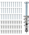 Premium Zinc Self Drilling Drywall Anchors And Screws Kit With 116 Pieces Heavy Duty Metal Wall Anchors Size 6 By One And One Quarter Inches And 50 Pound Load Capacity Ideal For Home Wall Hanging And No Sweat Mounting displaying arranged screws and anchors