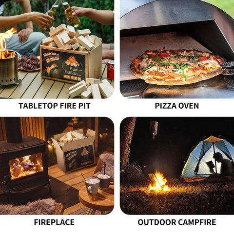 Mini Fire Wood Sticks With 12 Fire Starters in various settings: tabletop fire pit, pizza oven, fireplace, outdoor campfire.