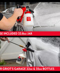 Boss Foam Cannon For Car Washing And Detailing Auto Mix Pressure Washer Foam Gun Delivers Maximum Foam Coverage Quickly With No Pre Mix Ideal For Cars Trucks And RVs shown in use on a vehicle. Includes 33.8 oz jar and optional bottle sizes.