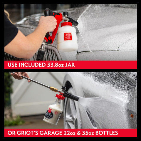 Boss Foam Cannon For Car Washing And Detailing Auto Mix Pressure Washer Foam Gun Delivers Maximum Foam Coverage Quickly With No Pre Mix Ideal For Cars Trucks And RVs shown in use on a vehicle. Includes 33.8 oz jar and optional bottle sizes.