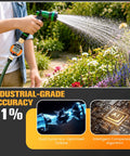 Heavy Duty Aluminum Water Flow Meter For Garden Hose, RV And Lawn Sprinkler, IP68 Waterproof Outdoor Meter With Rugged Metal Body, Clear Flow Readout, Leak Resistant, Easy Install And Durable Performance, mounted on garden hose with spray nozzle
