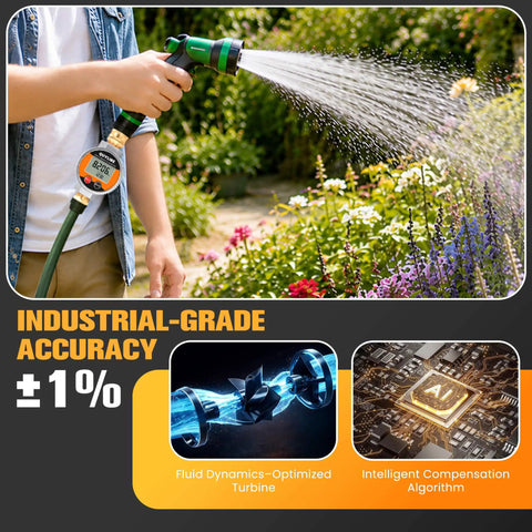 Heavy Duty Aluminum Water Flow Meter For Garden Hose, RV And Lawn Sprinkler, IP68 Waterproof Outdoor Meter With Rugged Metal Body, Clear Flow Readout, Leak Resistant, Easy Install And Durable Performance, mounted on garden hose with spray nozzle