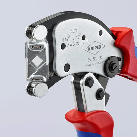 Close-up of self adjusting crimping pliers with 360 degree rotating head, highlighted eight lock positions, square crimp section.