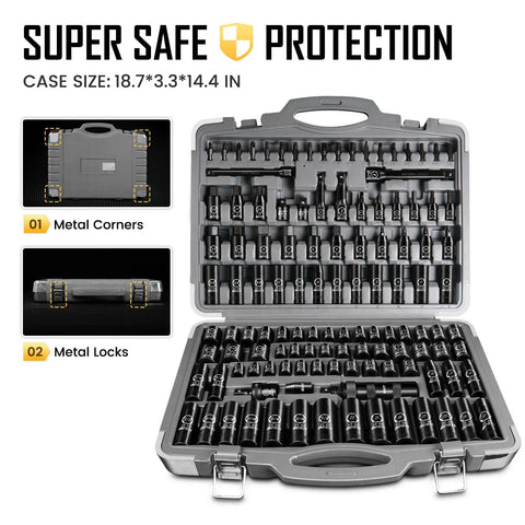 119 Piece Impact Socket Set With One Half Inch And Three Eighth Inch Drives Deep And Shallow SAE And Metric 6 Point Sockets Cr Mo And S2 Heat Treated For Real Torque Built Tough Durable For Heavy Duty Jobs Includes Impact Bits And Allen Sockets in protective case with metal corners and locks