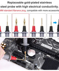Close-up of 28 Piece Multimeter Test Leads Kit With Replaceable Gold Plated Probes in use on a circuit board.