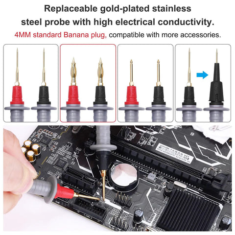Close-up of 28 Piece Multimeter Test Leads Kit With Replaceable Gold Plated Probes in use on a circuit board.