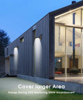 Modern house illuminated by 45W Dusk To Dawn LED Flood Light, 5200 Lumen Outdoor Security Light for Garden, Yard, and Garage, 4000K.