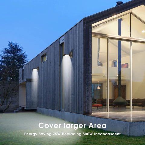 Modern house illuminated by 45W Dusk To Dawn LED Flood Light, 5200 Lumen Outdoor Security Light for Garden, Yard, and Garage, 4000K.