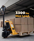 Heavy Duty Electric Pallet Jack 3300 Lbs Capacity Motorized Pallet Truck With 48V 10Ah Battery 7 45 Inch Lift handles heavy boxes in warehouse.