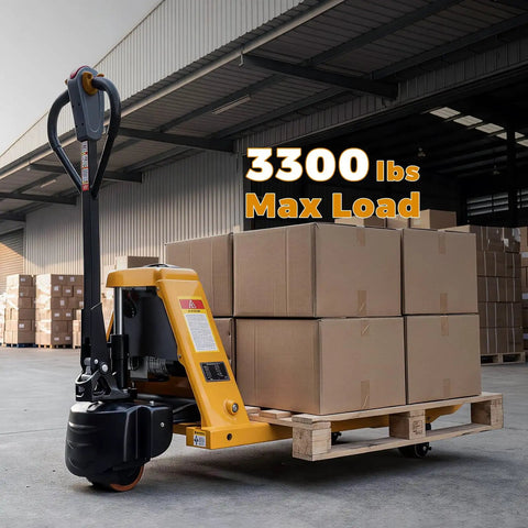 Heavy Duty Electric Pallet Jack 3300 Lbs Capacity Motorized Pallet Truck With 48V 10Ah Battery 7 45 Inch Lift handles heavy boxes in warehouse.