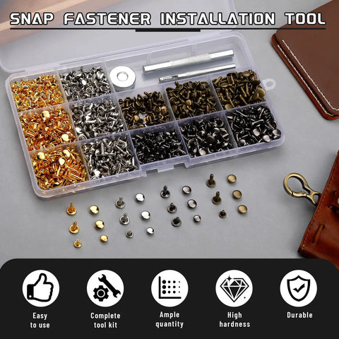 540 Piece Leather Rivet Kit With Three Sizes Double Cap Rivets And Leather Rivet Setting Tools in compartment box