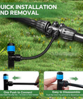 No-Fuss Drip Irrigation System For Garden With 38 Adjustable Copper Nozzles And Emitters showing quick connect feature on grassy background