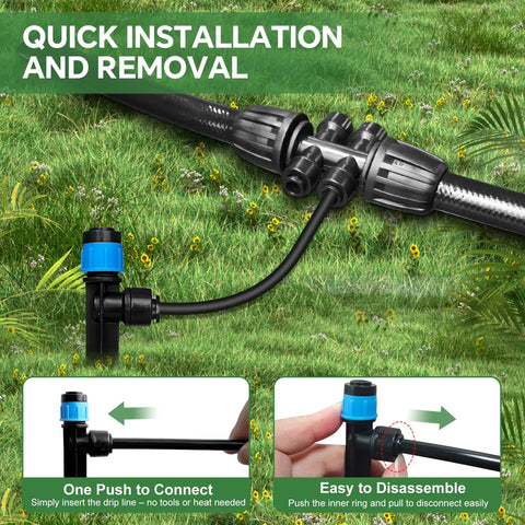No-Fuss Drip Irrigation System For Garden With 38 Adjustable Copper Nozzles And Emitters showing quick connect feature on grassy background