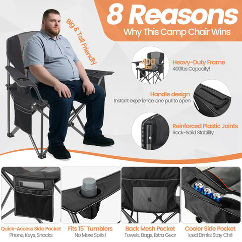Two Pack Heavy Duty Oversized Camping Chairs For Adults Up To 400 Lb Capacity with lumbar support, side pocket, and cooler bag