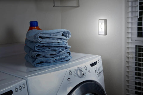 Laundry room with Wireless LED Light Switch Tap Light Battery Powered 100 Lumens Peel And Stick Portable Lighting on wall.