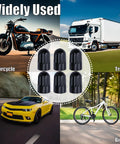 Image showing 10 Pack TPMS Tire Valve Long Stem Caps Black Plastic For TR20008 TPMS Universal Fit For Cars SUVs Trucks Bikes Motorcycles Bicycles And More Durable Plastic Caps With OEM Style And Easy Install Weatherproof Long Stem Design, with vehicle images.