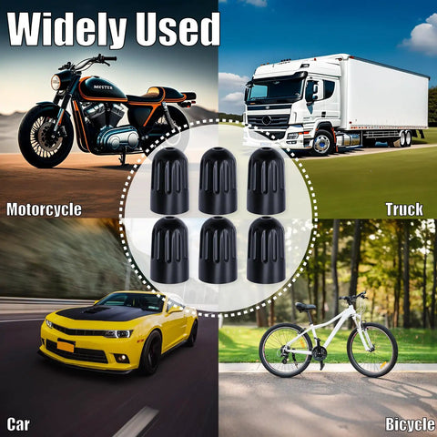 Image showing 10 Pack TPMS Tire Valve Long Stem Caps Black Plastic For TR20008 TPMS Universal Fit For Cars SUVs Trucks Bikes Motorcycles Bicycles And More Durable Plastic Caps With OEM Style And Easy Install Weatherproof Long Stem Design, with vehicle images.