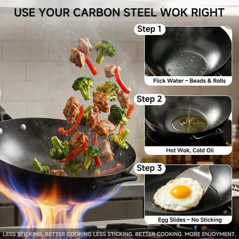 Cooking vegetables in 13.5 Inch Carbon Steel Wok Pan With Flat Bottom Preseasoned Nonstick Go To Stir Fry Pan Set With Lid And Spatula