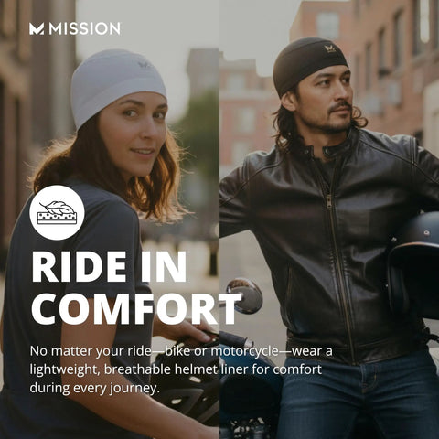 Two people wearing cooling helmet liners under helmets, showcasing "Cooling Helmet Liner That Cools Instantly When Wet, UPF 50 Sun Protection, Wear Under Helmets And Hard Hats, Lightweight Breathable Layer For Work, Bikes, And Outdoor Adventures."