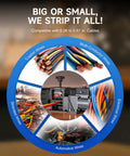 Automatic Wire Stripper Machine With 8 Channels For Copper Cable, 5 Ultra Sharp Blades, All Copper Motor, Electric Cable Striper With Insane Speed That Handles Thin To Thick Wire Like A Charm, Top Shelf Gear For DIY Legends showing compatibility with various wire types.