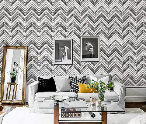 Living room with Peel And Stick Black And White Boho Geometric Textured Self Adhesive Wallpaper For Bathroom Decor Dope Look Easy To Install