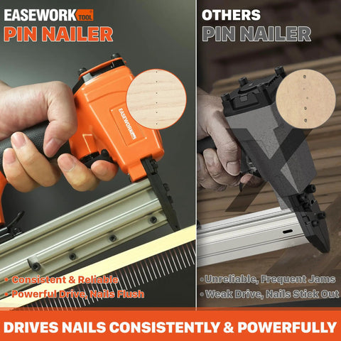 Smooth Shooting 23 Gauge Pneumatic Pin Nailer Fires Dead Straight Headless Micro Pins Without Leaving A Trace shown in action for precise flush nailing.