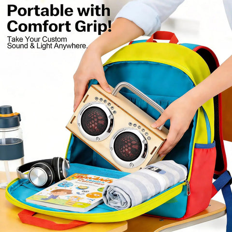 DIY Bluetooth Speaker Wooden Kit for Beginners Build Your Own Portable Speaker Science Electronics Project for Kids and Adults No Soldering Easy Setup Hands On Video Guides Perfect Camping Gift and Graduation Gift portable wooden speaker in colorful backpack