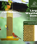 Outdoor Finch Bird Feeder Tube With Rainproof Dome Metal Mesh For Nyjer Thistle Seed No Mess 2.5 Lb Capacity Large Removable Tray Easy Hang Mount Weatherproof Yellow Design hanging outdoors with birds feeding.