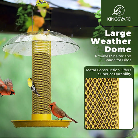 Outdoor Finch Bird Feeder Tube With Rainproof Dome Metal Mesh For Nyjer Thistle Seed No Mess 2.5 Lb Capacity Large Removable Tray Easy Hang Mount Weatherproof Yellow Design hanging outdoors with birds feeding.