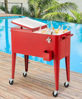 Red 80 Quart Rolling Ice Chest Cooler on Wheels with Bottle Opener, Cap Catcher, and Bottom Storage Shelf beside pool