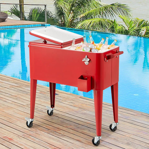 Red 80 Quart Rolling Ice Chest Cooler on Wheels with Bottle Opener, Cap Catcher, and Bottom Storage Shelf beside pool