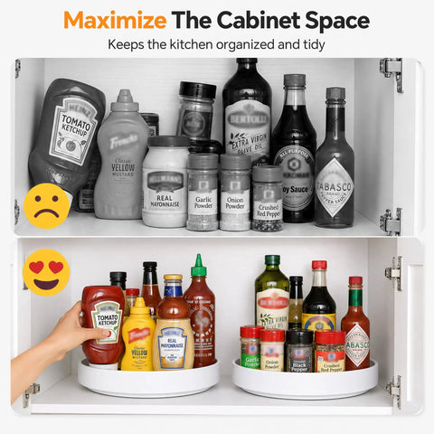 11.8 Inch Lazy Susan For Refrigerator And Pantry, Round Kitchen Turntable Spice Rack Organizer displaying sauces and condiments in cabinet.