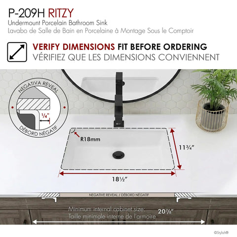 Rectangular Porcelain Undermount Bathroom Sink, 20.38 By 14.25 Inches, Sleek Shiny Finish shown with dimensions and negative reveal