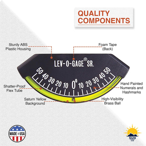 Senior Inclinometer and Tilt Gauge for RVs, Trailers, Campers, 5th Wheels with High-Bond Adhesive Backing, Brass Ball Readout
