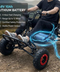 Person driving Beast Electric Go Kart For Adults And Teens With 48V 2000W Motor, showing 48V 10Ah battery and features.