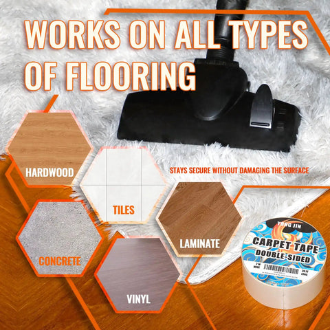 Heavy Duty Double Sided Carpet Tape With Reinforced Grid for Ultra Strong Hold on hardwood, tile, laminate, concrete, vinyl surfaces.