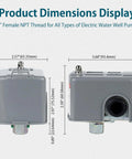Front and side view of 40 To 60 PSI Water Pressure Switch For Well Pumps, 1/4 Inch Female NPT, Auto Start Stop Control With Adjustable Differential