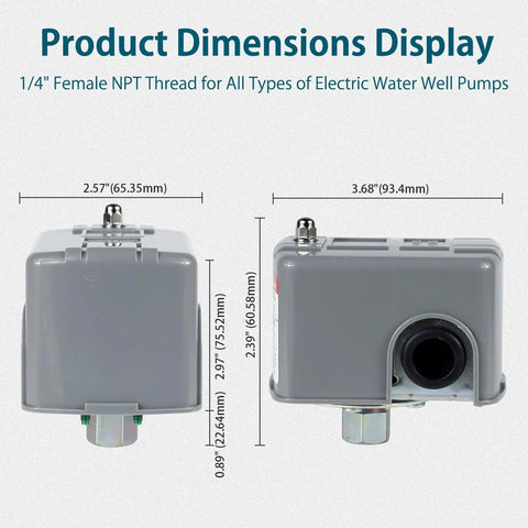 Front and side view of 40 To 60 PSI Water Pressure Switch For Well Pumps, 1/4 Inch Female NPT, Auto Start Stop Control With Adjustable Differential